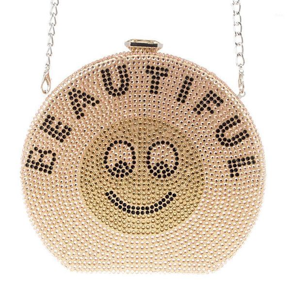 

champagne color crystal party clutch handbag fashion gold black smile pattern women small evening diamond shoulder prom bag1