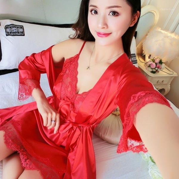 

lady 2pcs sleep set red kimono bathrobe gown 2020 new nightgown silky nighty&robe suit nightwear intimate lingerie homewear1, Black;red