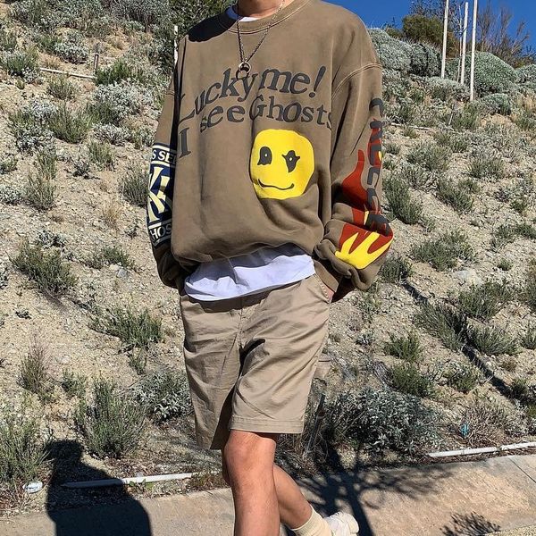 

qvu8i personality fashion men's kanye sweater coconut smile face graffiti loose foam printing round neck sweater man, Black