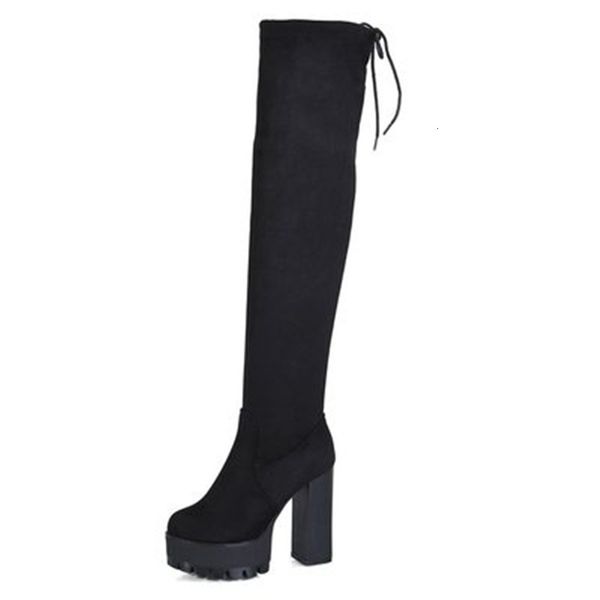 

2021 new elastic thin herd on knee winter lace ladies chunky heels long thigh high boots tzzi, Black