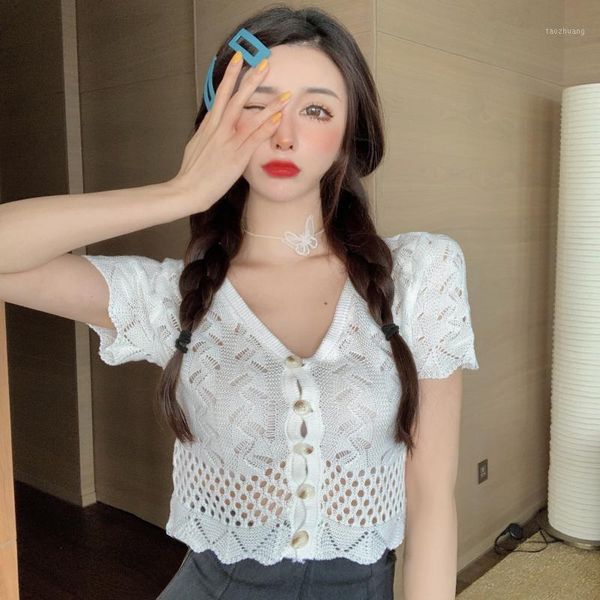 

knitted korean clothes hipster summer fashion brand womens sweaters crop hollow out v-neck cardigans ladies designer1, White