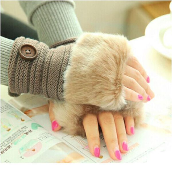 

new women gloves girl warm winter knitted faux rabbit fur wrist fingerless gloves mittens half finger sqcxon, Black