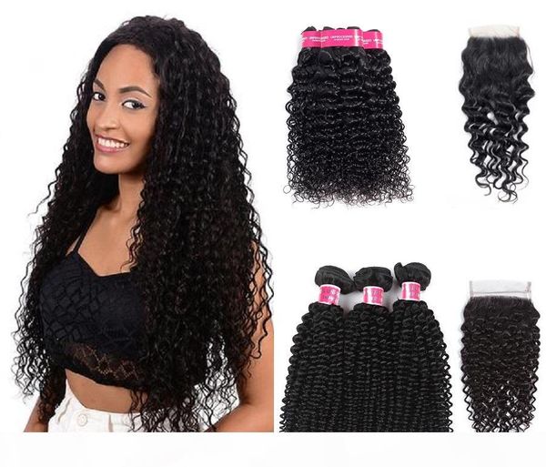 

8a human hair bundles with closure 4*4 lace 100% brazilian virgin hair weaves double weft extensions deep curly wave water wave 8-24inch, Black;brown
