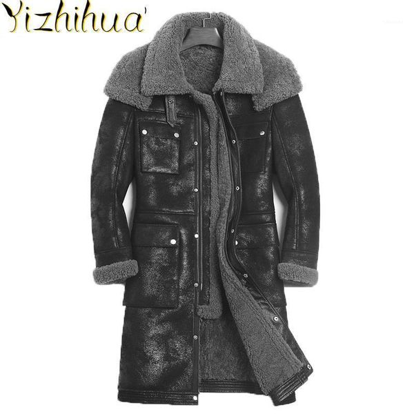 

azazel genuine leather jacket men long winter real fur coat men plus size sheepskin coat shearling jacket 8225-2 kj22361, Black