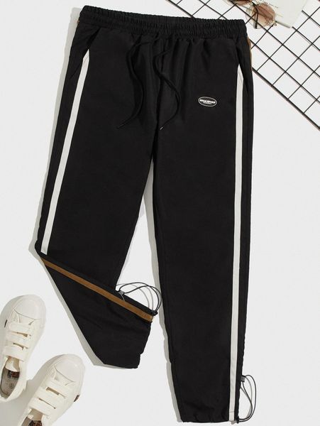 

men patched detail striped tape side drawstring hem pants t6wa#, Black