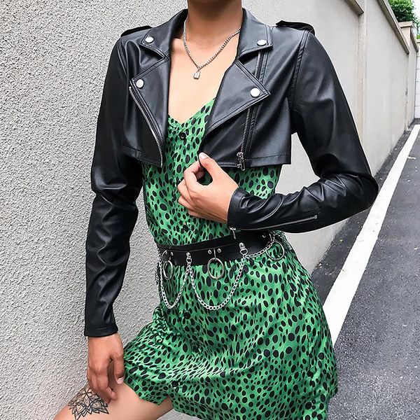 

zipper button luxury faux leather biker short jacket streetwear punk gothic harajuku motorcycle pu coat elegant crop top, Black;brown