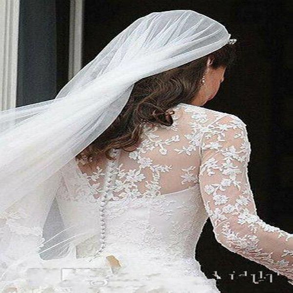Klassisch 2021 Günstige weiße Brautkleider in A-Linie mit V-Ausschnitt, durchsichtig, lange Ärmel, applizierte Spitze, Kate Middleton, Knöpfe hinten, Royal Bridal G341R