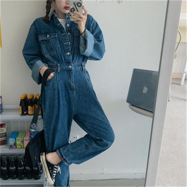 

women's jeans retro denim loose jumpsuit autumn romper trousers cargo pants elastic waist long sleeve casual woman clothes 2021, Blue