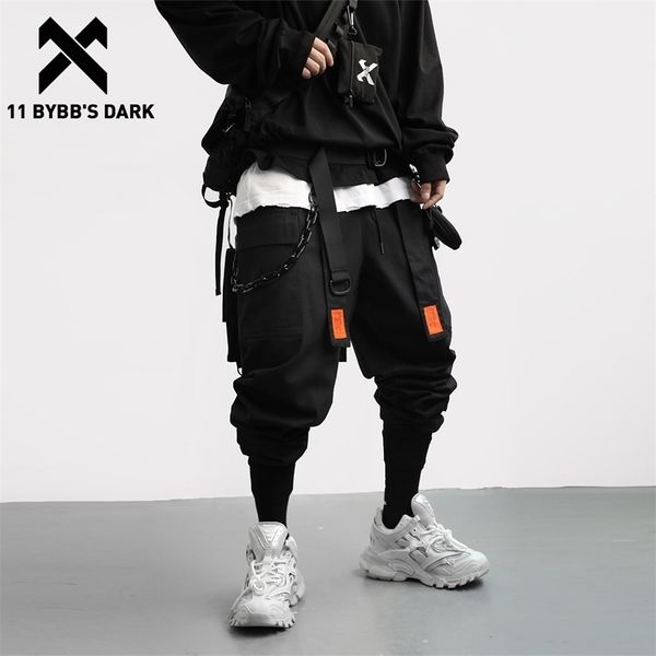 

11 bybb's dark streetwear removable ribbon cargo pant man hip hop function tactical pants elastic waist jogger men trousers 201118, Black