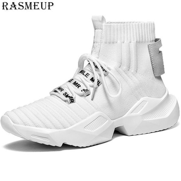 

rasmeup plus size 36-44 women men sock sneakers 2019 spring summer knitted soft women's shoes high platform woman footwear 1020, Black;white
