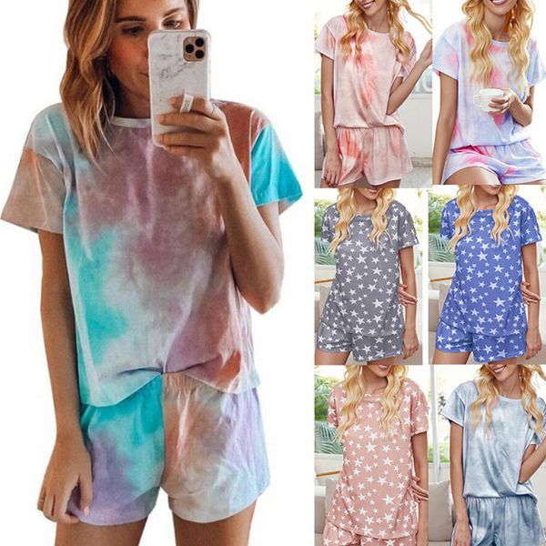 

tie-dye gradient home set leisurewear suit with short sleeves crew neck summer casual new clothing set two piece set for female, Gray