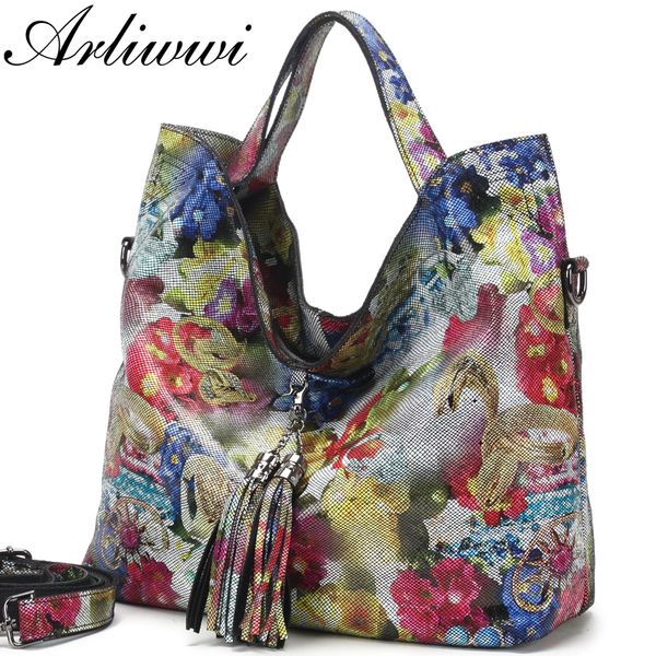 

arliwwi brand designer floral lady 100% genuine leather tote handbags new luxury real leather shiny flower bags for summer gl16 c0121