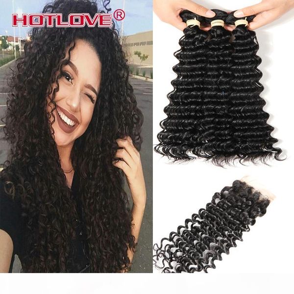 

ove mongolian virgin hair 3 bundles with lace closure with baby hair deep wave natural black human hair wefts with closure, Black;brown