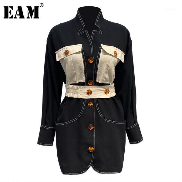 

eam] loose fit balck button split joint long jacket new stand collar long sleeve women coat fashion tide spring 2020 1x7971, Black;brown