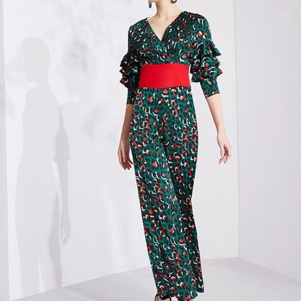 

2020 new fashion woman junpsuits deeep v-neck high waist vintage green lepoard wide leg pants sumemr rompers1, Black;white