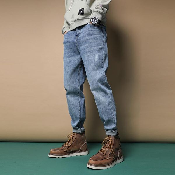 

classic men's jeans blue straight loose pants fashion streetwear scratched denim trousers