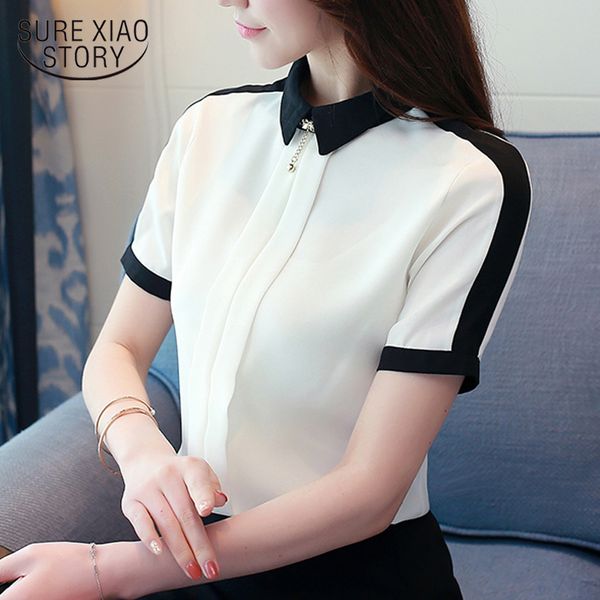 

women's summer blouses office lady solid chiffon blouse short sleeve women blouses beading shirt female womens clothing 40 t200321, White
