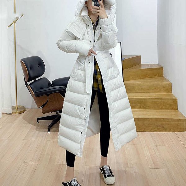 

winter women's down jacket solid long 90% white duck down coat woman hooded warm outwear with, Black