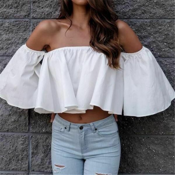 

summer temperament fashion women girl flare sleeve tank off shoulder ruffle solid color tee shirt crop cropped, White