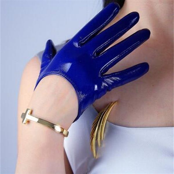 

women'a fashion shiny short style driving lady' patent pu leather performace cosplay glove r611, Blue;gray