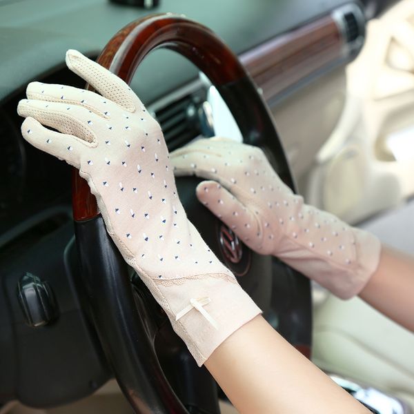 

women' mid-long style driving sunscreen summer slip-proof touch screen breathable cotton gloves, Blue;gray