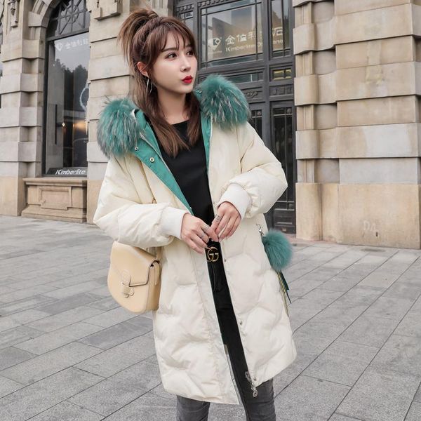 

women 2020 winter real natural raccoon fur collar hooded down coat female fashion thicken warm white duck down long jacket n147, Black