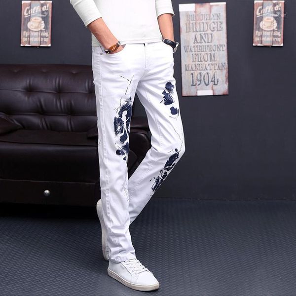 

men's pants high elastic jeans men's fashion printing 1pcs casual trousers1, Black