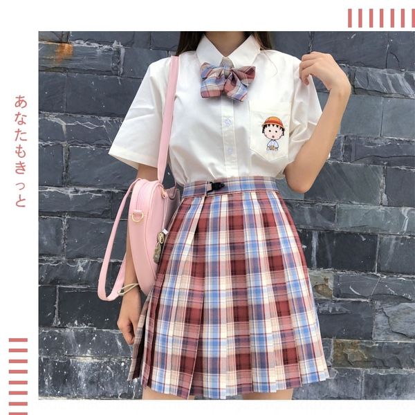 

hhwwl cai luoli jk student maruko girls cherry pleated shirt skirt set cai luoli jk cherry maruko girlsuniform embroidered student pleated e, Gray