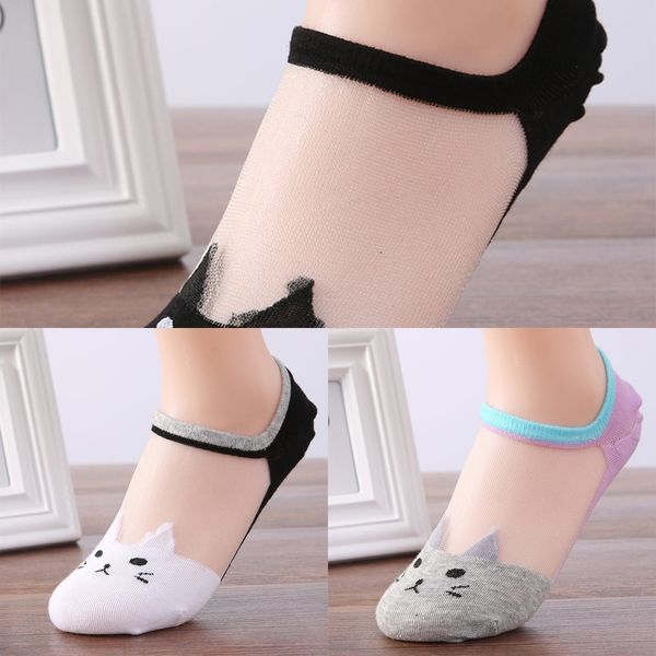 

craat summer women's shallow cute kittens glass invisible boat stockings cotton silk silk stockings boat socks transparent ice lace soc, Black