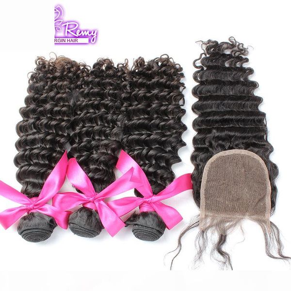 

greatremy peruvian virgin human hair extension deep wave lace closure with hair bundles 1pc+3pcs lace closure 4x4 natural color dyeable, Black