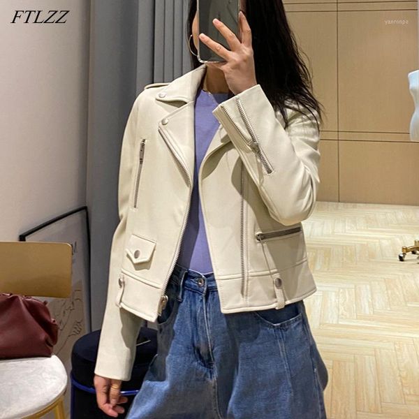 

ftlzz new spring women faux pu leather jacket elegant turn-down collar zipper windproof motorcycle jacket chic streetwear coat1, Black