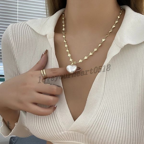 

vintage pearl heart pendant choker necklaces simple heart beads clavicle metal chain metallic necklace for women jewelry, Silver