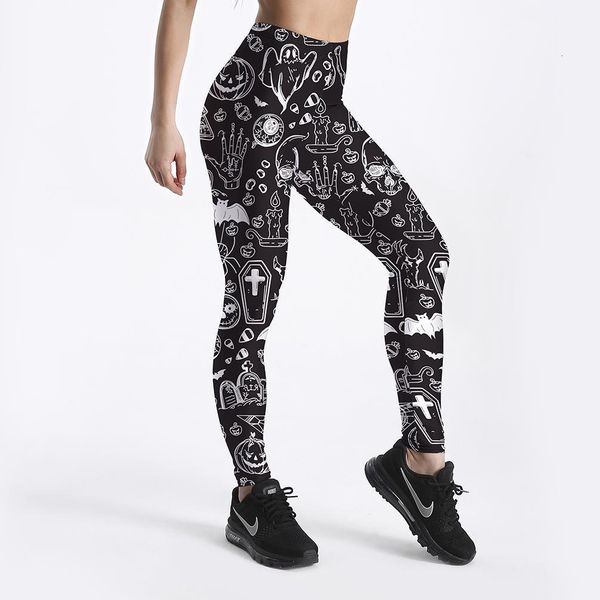 

leggings halloween day new women's legging ghost skull pumpkin palm styles digital print trousers leggings, Black