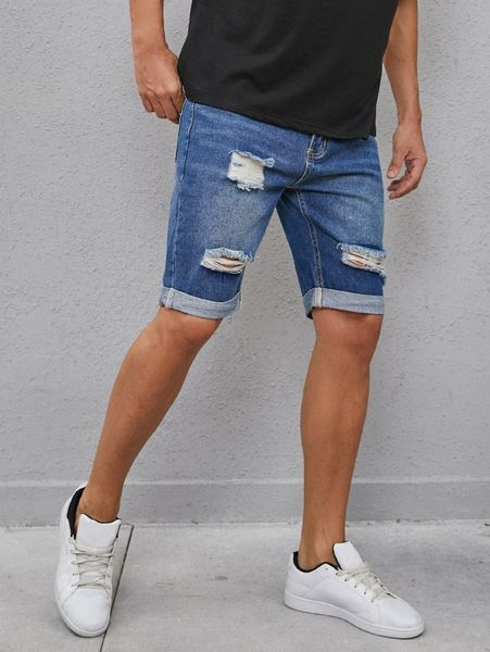 

men rolled hem ripped denim shorts h7dg#, Blue