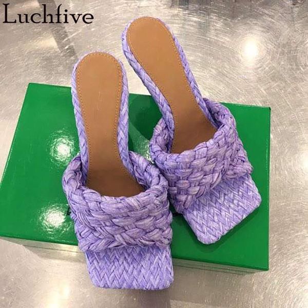 

slippers 2021 twist weave open toe thin high heels party shoes runway mule slides purple white leather woman, Black