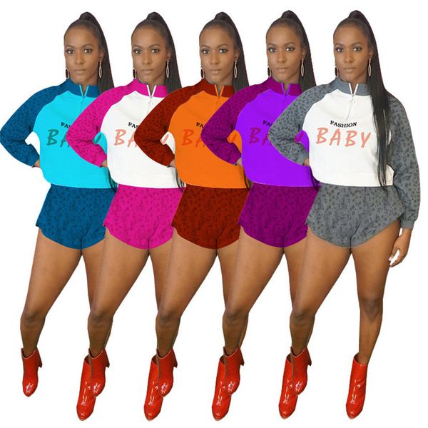 

summer leopard letters printed women's tracksuit long sleeve half zipper + shorts two-piece outfit clothing sets casual sportwear hh127, White