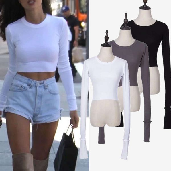 

long spring new double super women's cuff sleeve women's solid color short slim t-shirt, Black;brown