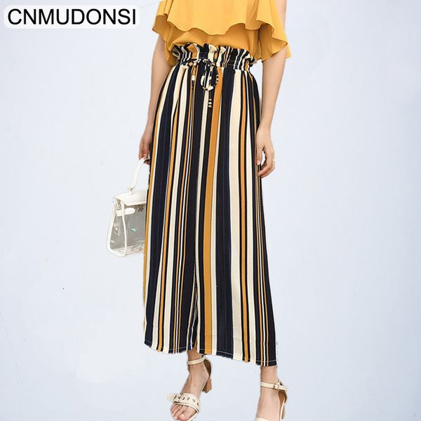 

cnmudonsi 2109 vadim women elegant striped wide leg pants sweet bow tie elastic waist pockets female casual chic loose trousers y19070101, Black;white