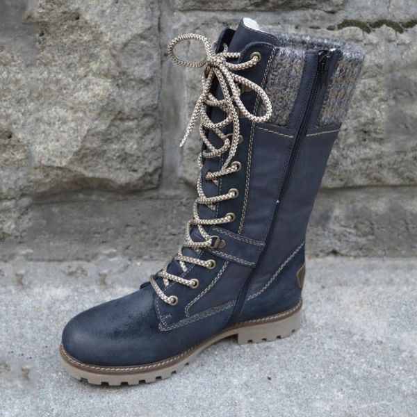 

women winter 2020 shoes boots basic mid-calf boots round toe zip platform decor female shoes warm lace up zapatos de mujer, Black