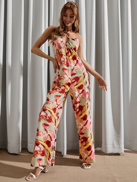 

luukse floral crisscross tied backless wide leg jumpsuit a0bn#, White