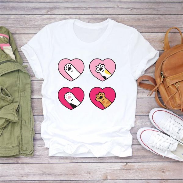 

women cartoon cat love paw kawaii 90s animal cute fashion print lady t shirts womens graphic t shirt female tee shirt, White