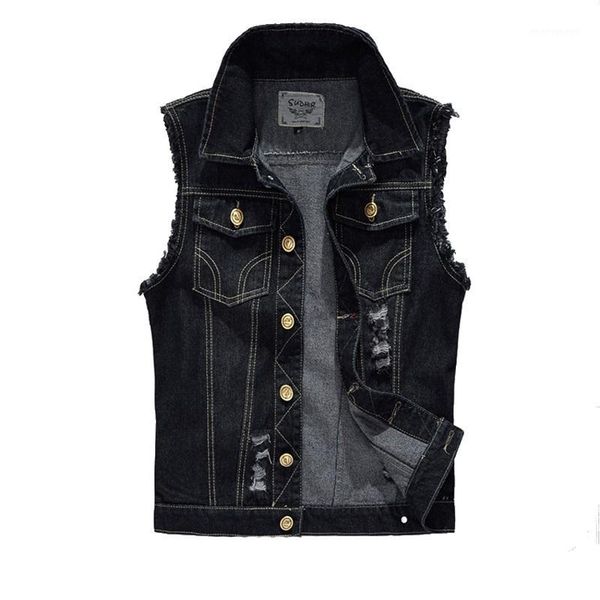 

wholesale vintage men's denim vest male black color slim fit sleeveless jackets men hole jeans waistcoat plus size 6xl1, Black;white
