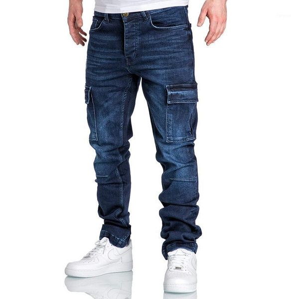 

men casual pants 2021 new men's multi-pocket blue trousers fashion hip-hop slim straight outdoor running washed overalls jeans1, Black