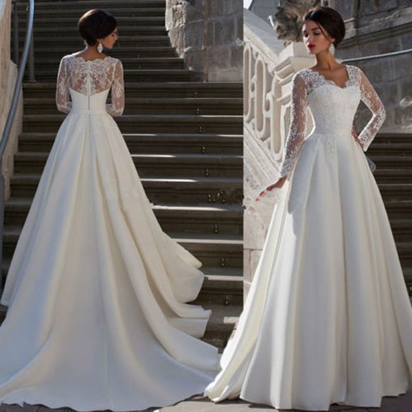 

elegant satin a line wedding dress v-neck draped crystal beading lace long sleeves bridal gowns, White