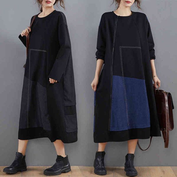 

spring large loose fashion stitching comfortable medium long casual long sleeve dress, Black