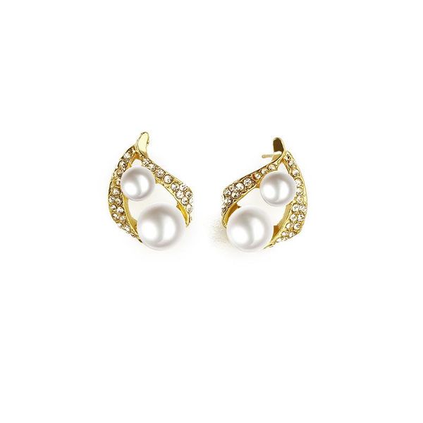 

double white simulated pearl beads shiny crystal leaf pendant golden stud earrings necklace for women jewelry sets, Silver