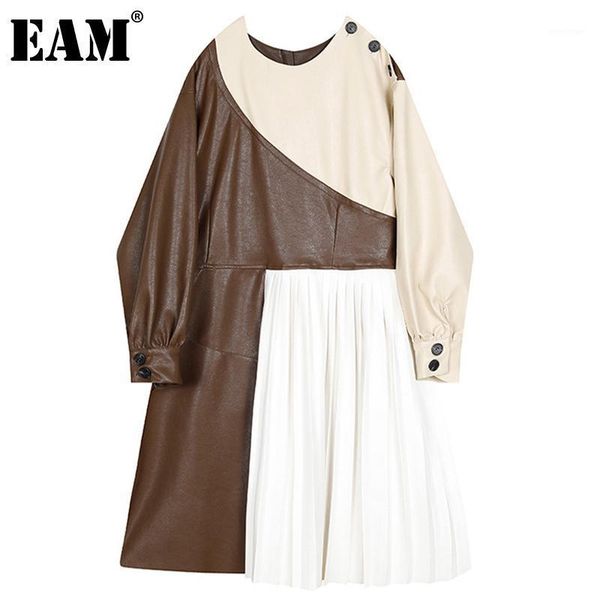 

eam] women pu leather spliced pleated dress new round neck long sleeve loose fit fashion tide spring autumn 2021 1dd30911, Black;gray