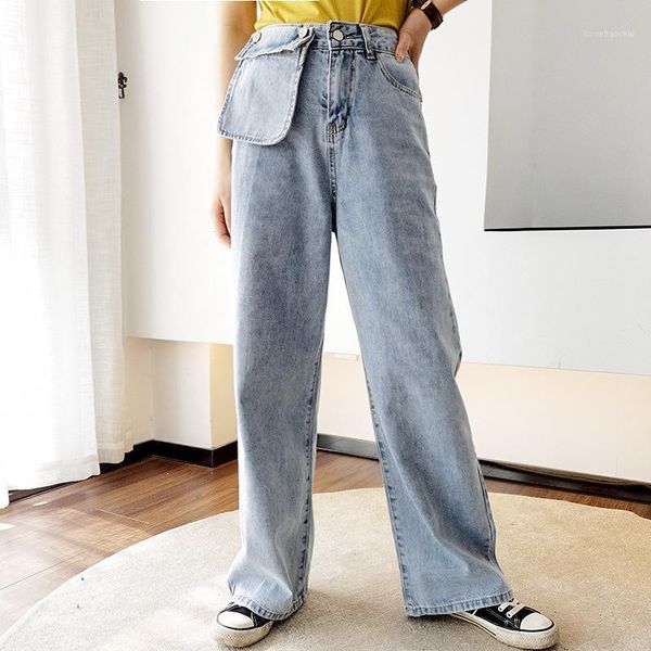 

trouser women solid color denim slimming jeans pockets loose high-waisted female pants casual women wide leg pants1, Blue