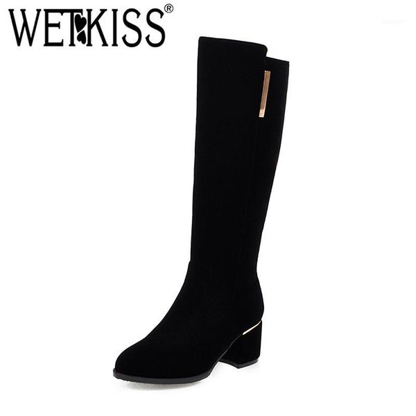 

boots wetkiss round toe thick heel women knee high boot black metal decor simple winter keep warm female long non slip shoes1