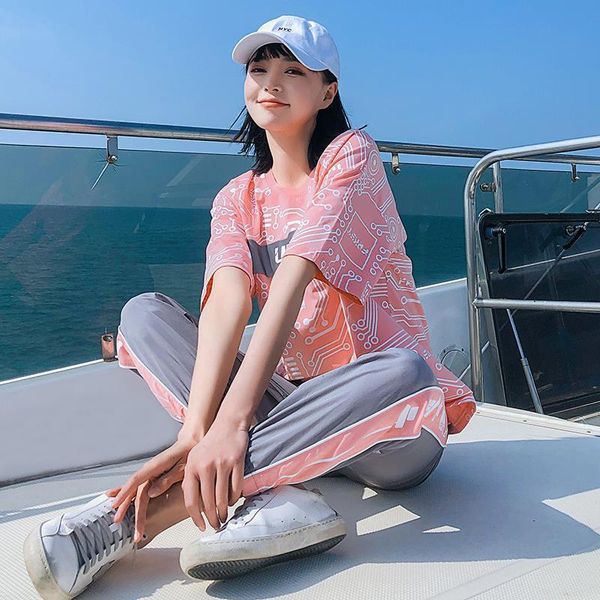 

women's summer sportswear suit casual 2 piece outfits korean fashion printing tracksuit short sleeve t-shirts + pants set, Gray